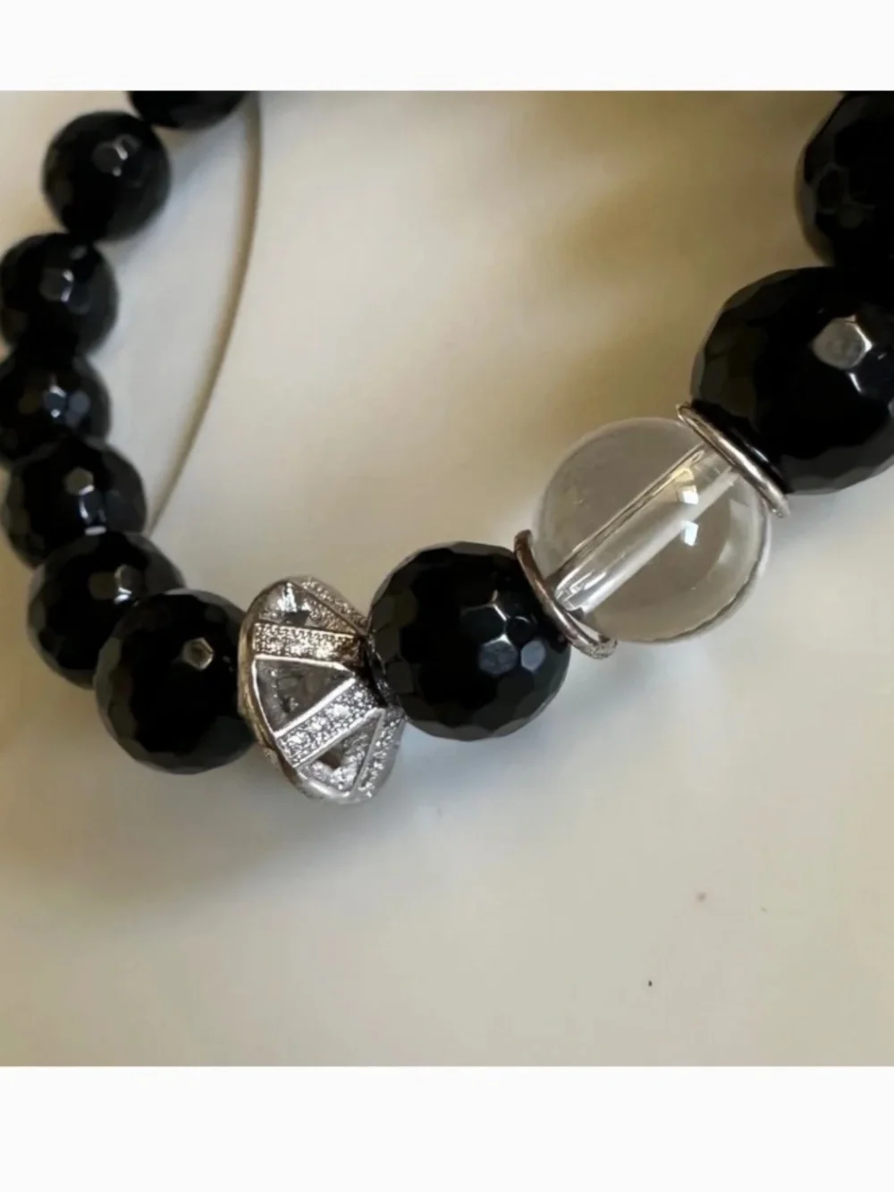 10mm Black Onyx Stretch Bracelet Silver Clear Quartz Pave Spacer